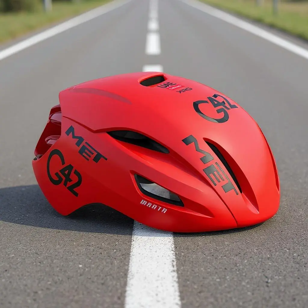 Season 01 winning helmet — red carbon shell with G42 and MET livery, resting on the road